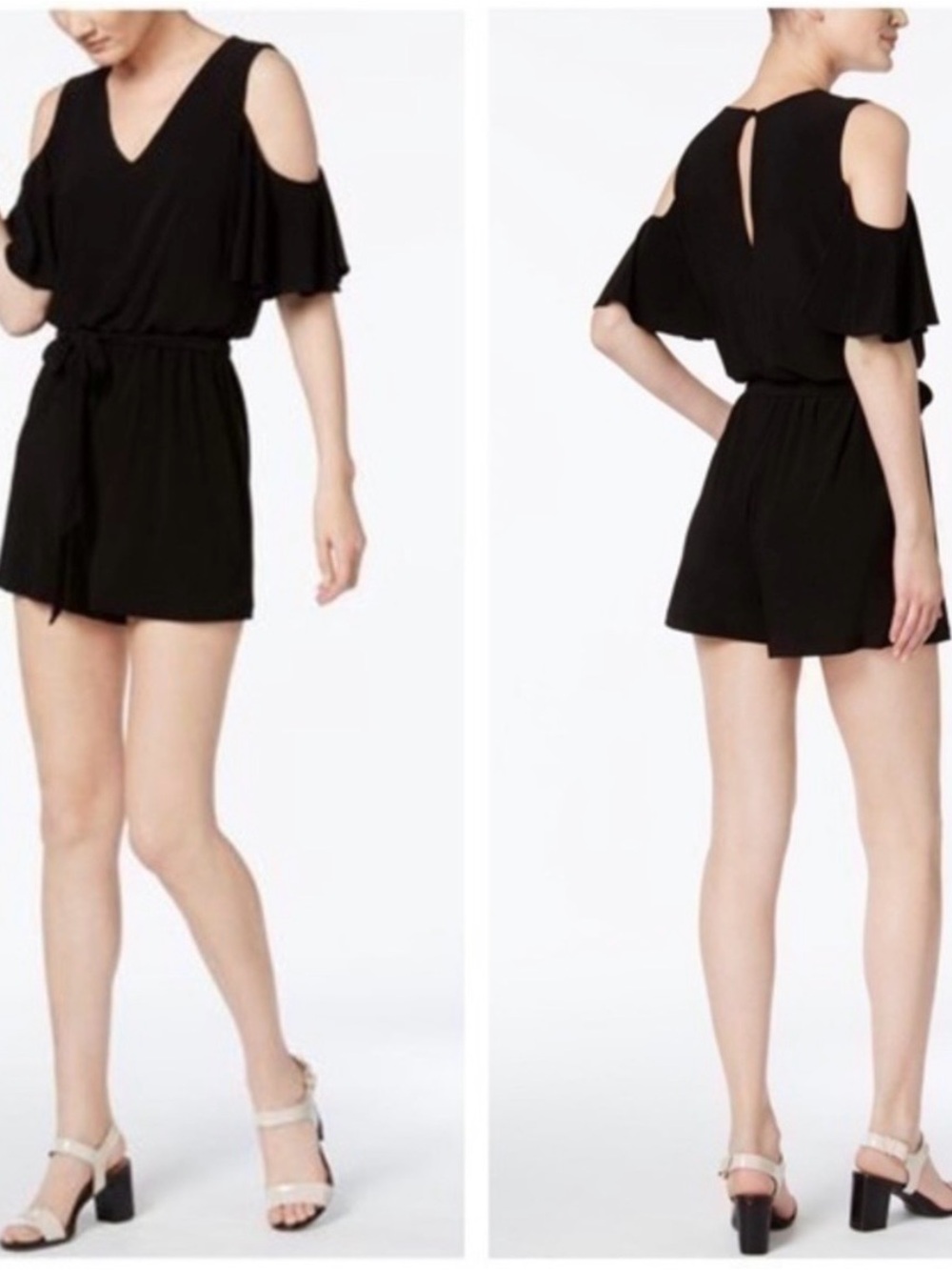 Calvin Klein Black Cold-Shoulder Waist-Tie Romper